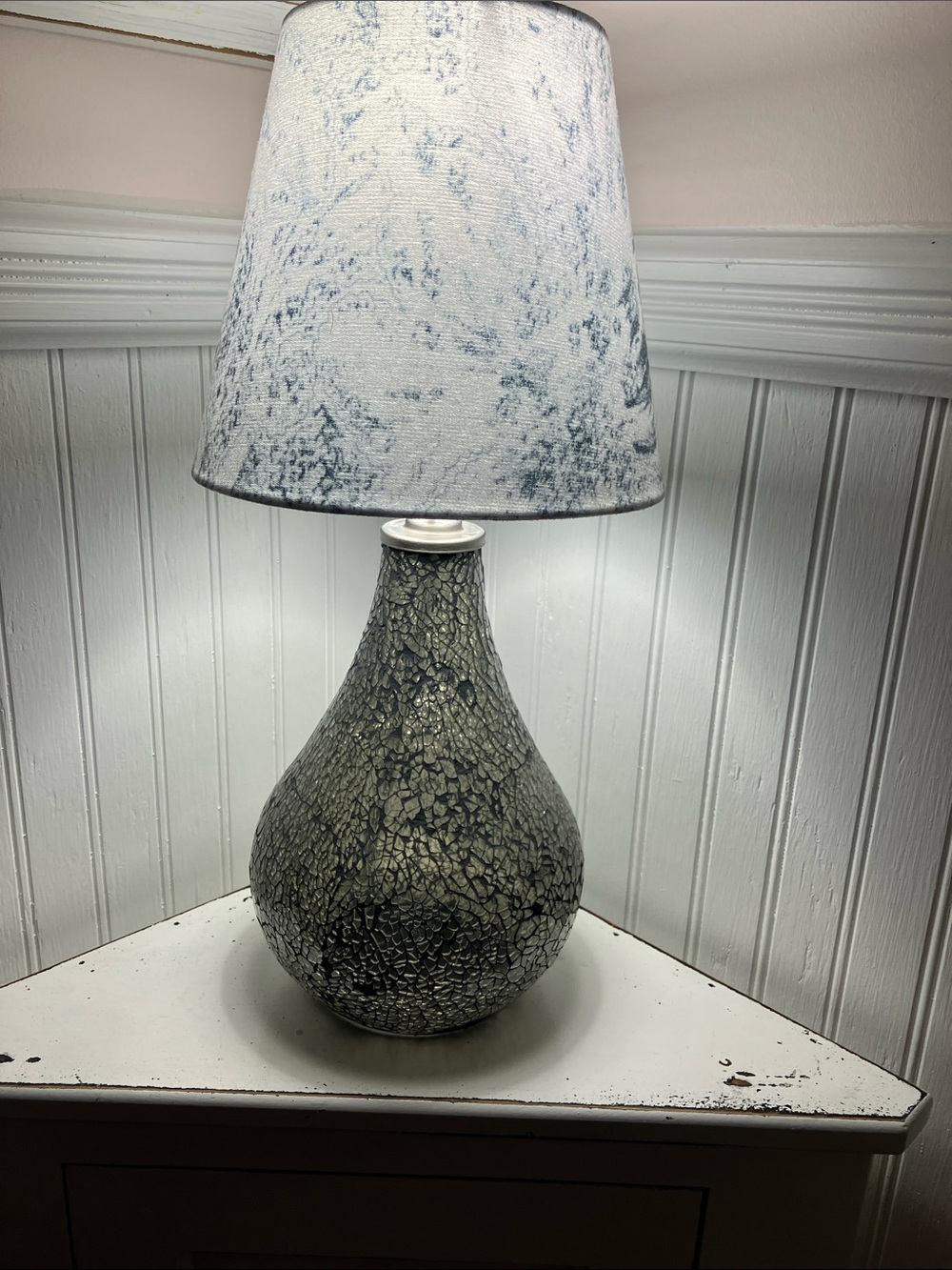 Silver Mirrored Crackle Glass Tiled Mosaic Table Lamp